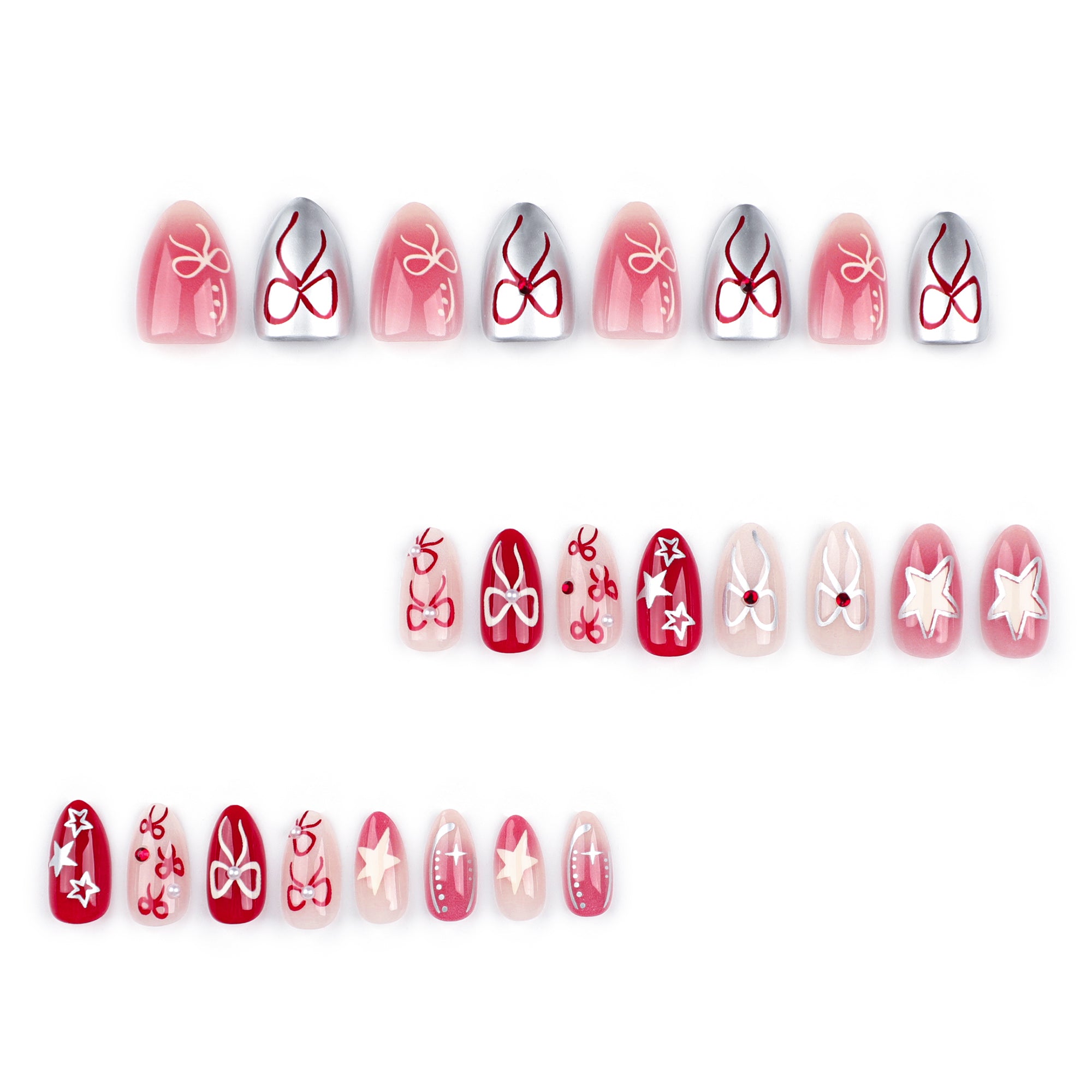 Deep Red Cherry Bow Star Mix Press-On Nails