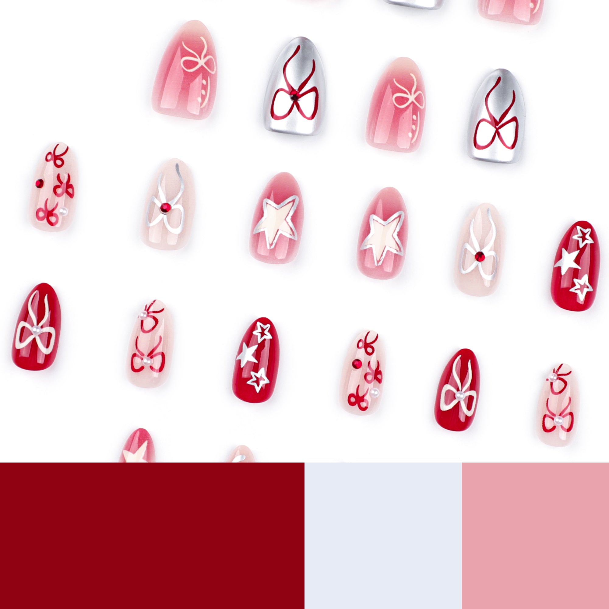 Deep Red Cherry Bow Star Mix Press-On Nails