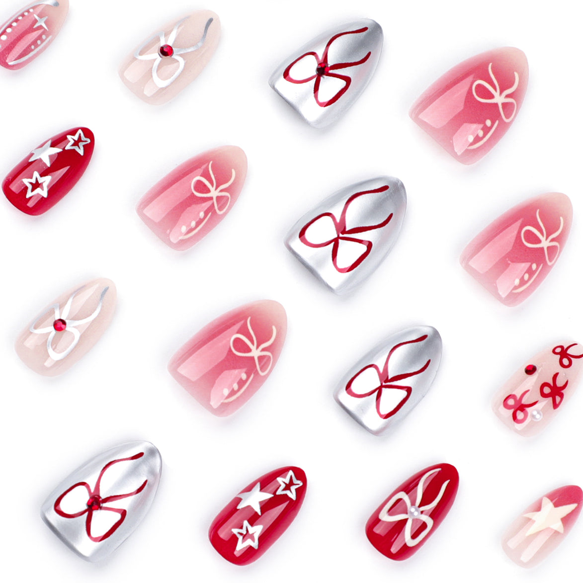 Deep Red Cherry Bow Star Mix Press-On Nails