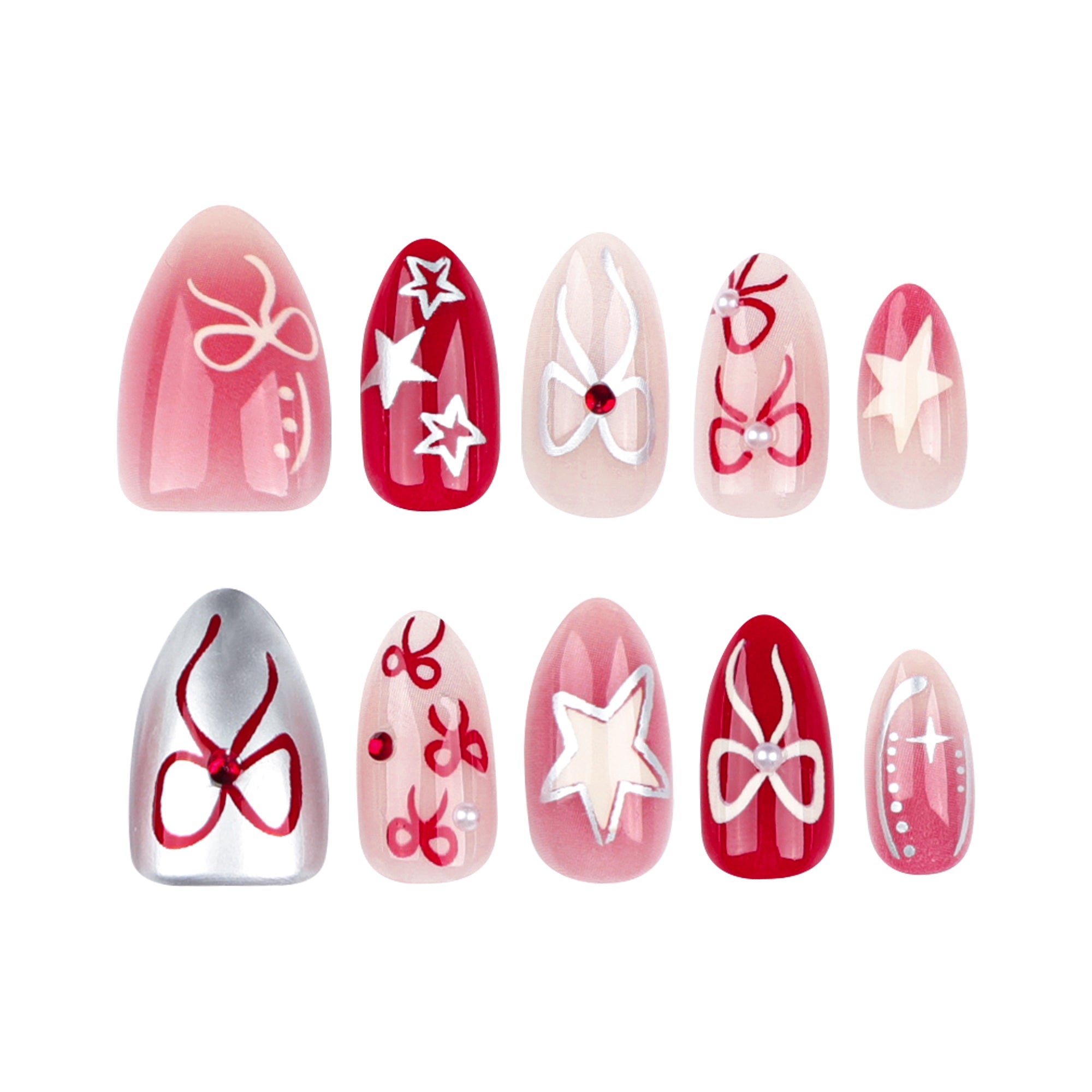 Deep Red Cherry Bow Star Mix Press-On Nails
