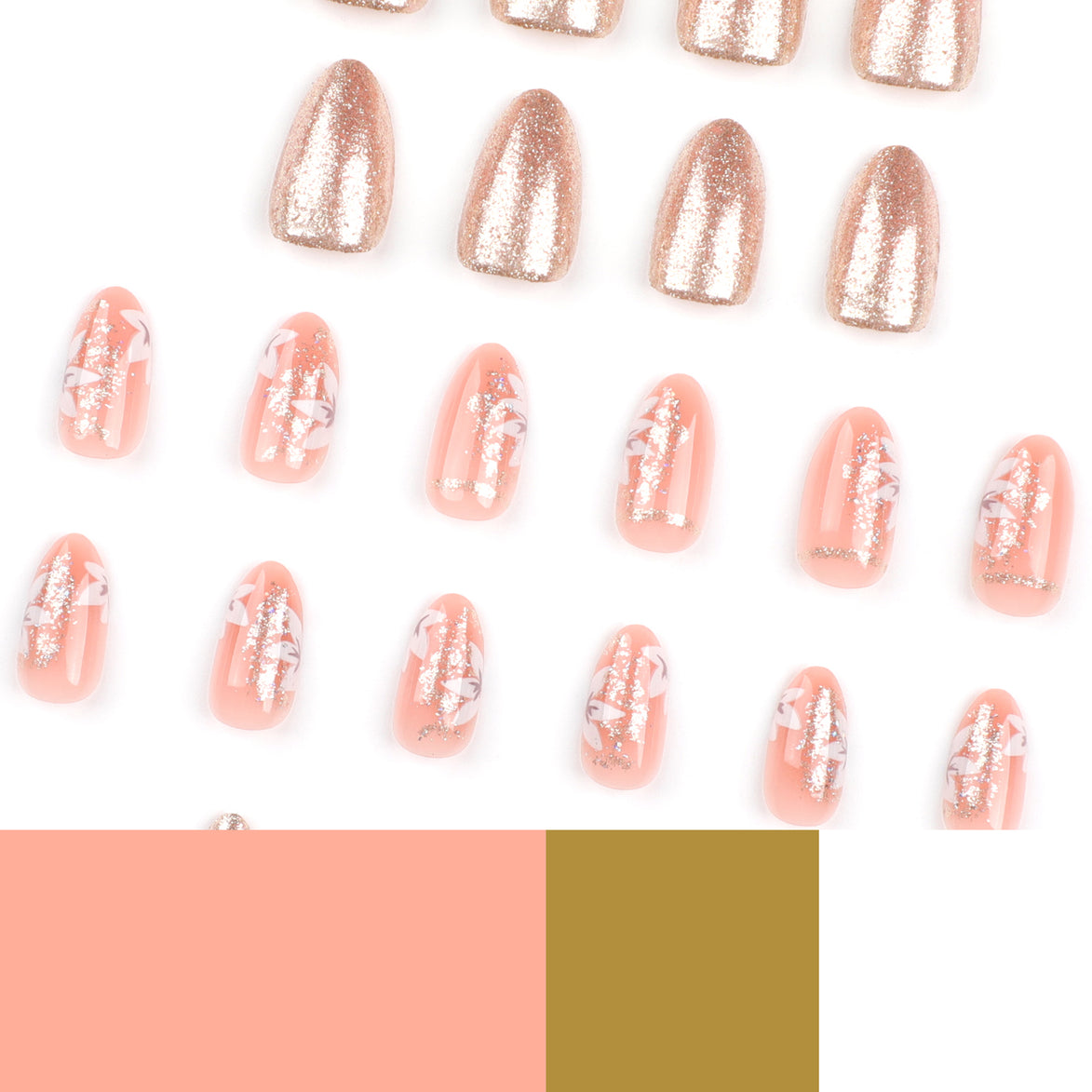 Full set of peach almond press-on nails with rose gold glitter and white floral art