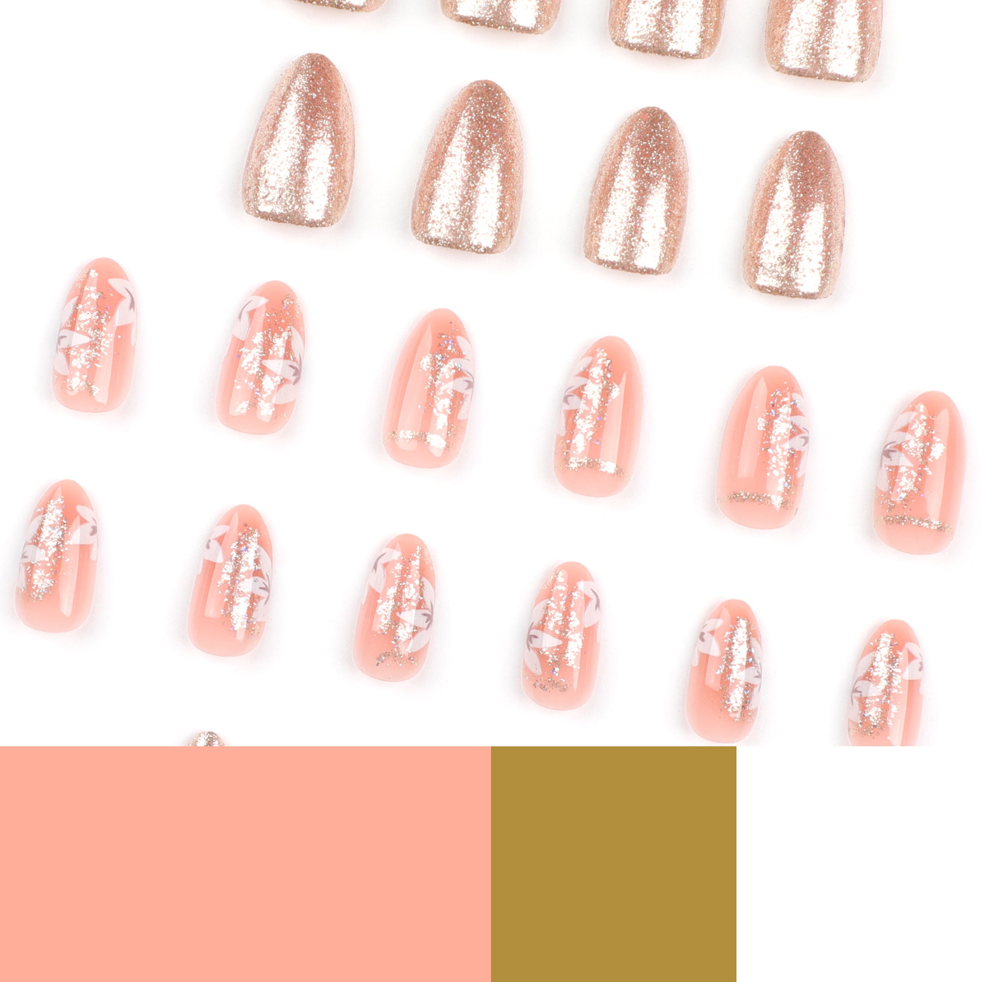 Full set of peach almond press-on nails with rose gold glitter and white floral art
