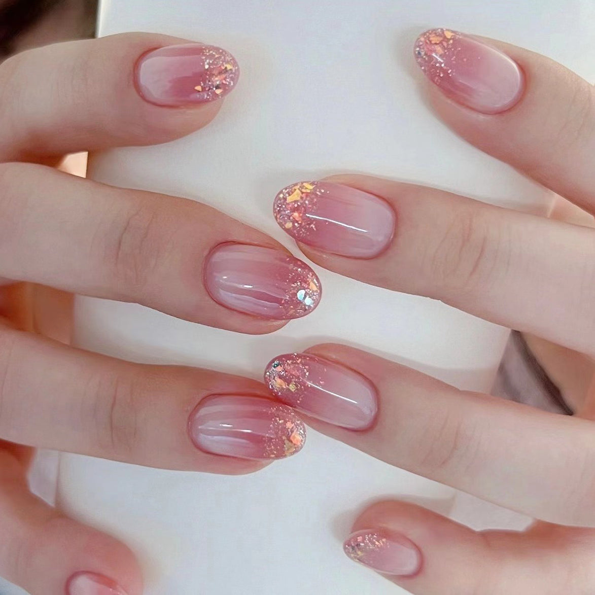Pink White Ombre Holographic Glitter Tip Press-On Nails