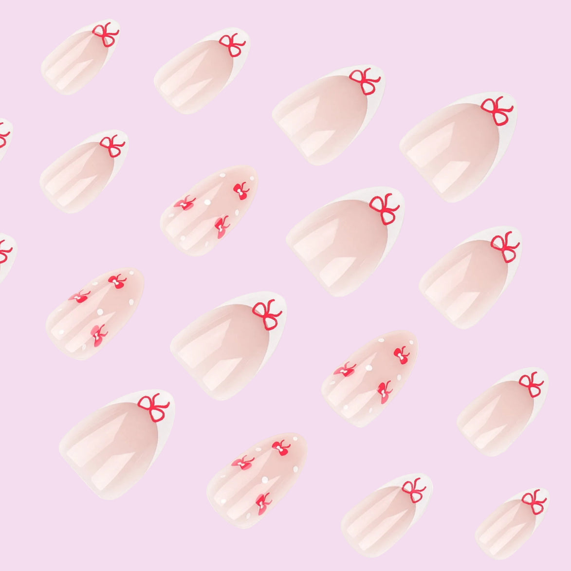 Sheer Nude Red Coquette Bow Polka Dot Press-On Nails