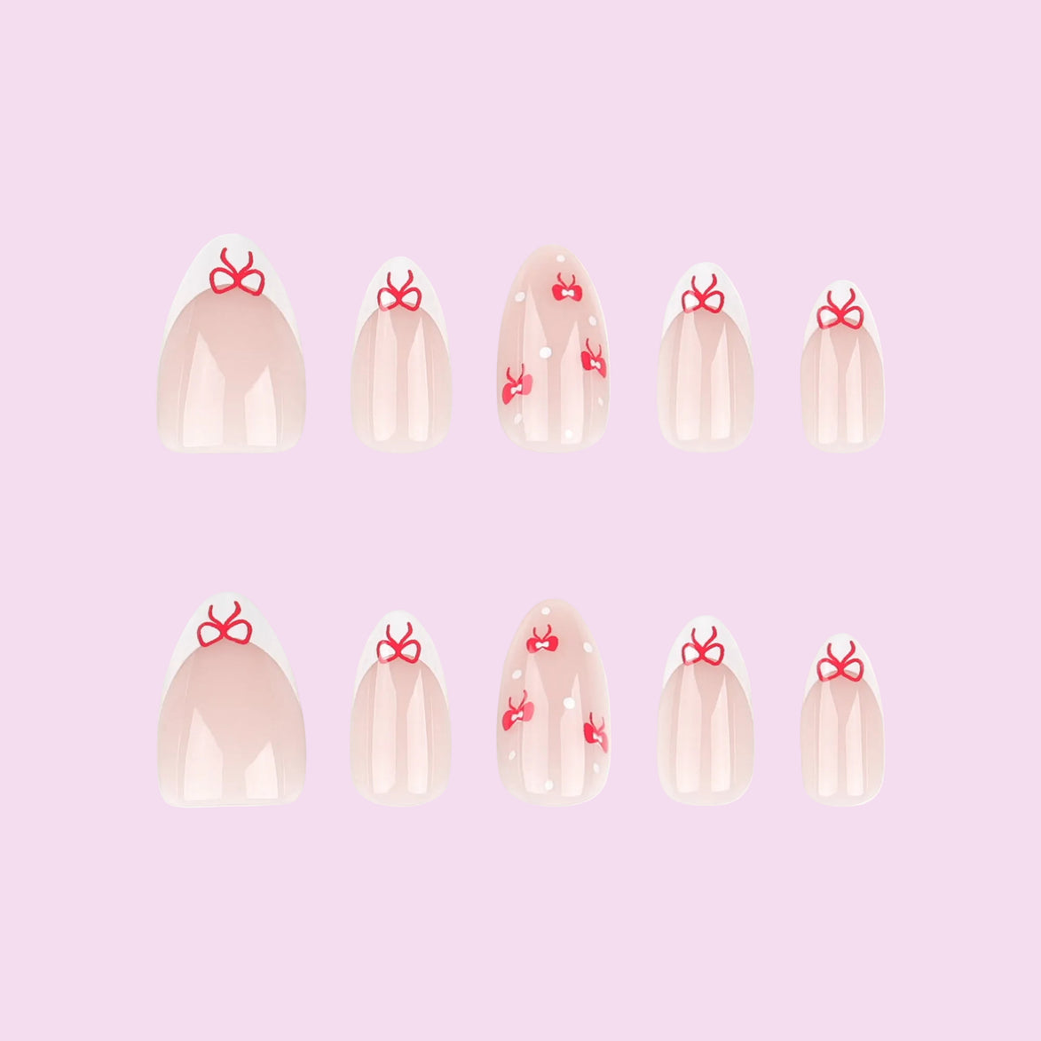 Sheer Nude Red Coquette Bow Polka Dot Press-On Nails