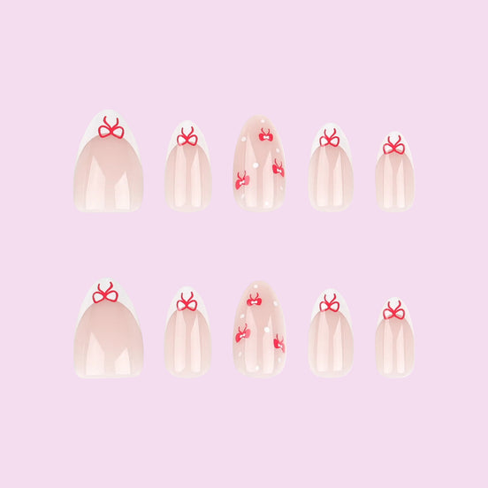 Sheer Nude Red Coquette Bow Polka Dot Press-On Nails