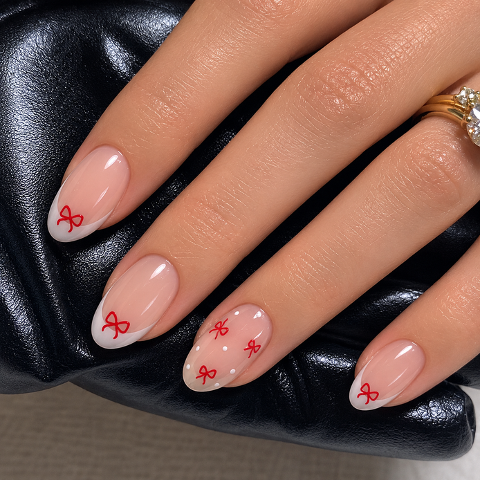Sheer Nude Red Coquette Bow Polka Dot Press-On Nails