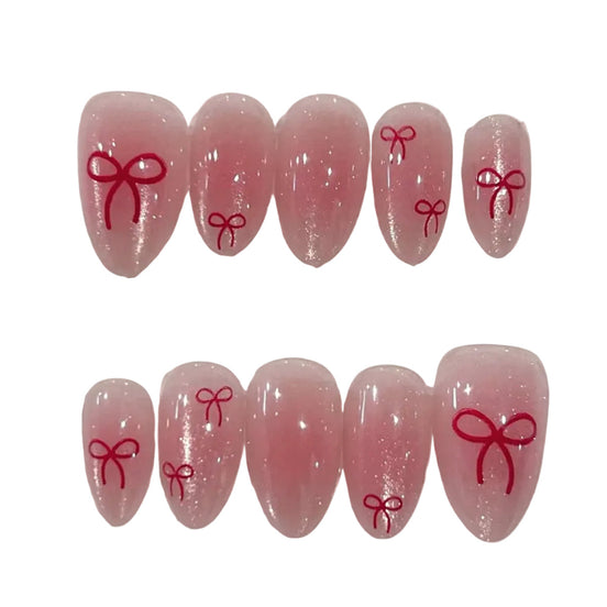 Pink Shimmer Red Coquette Bow Press-On Nails