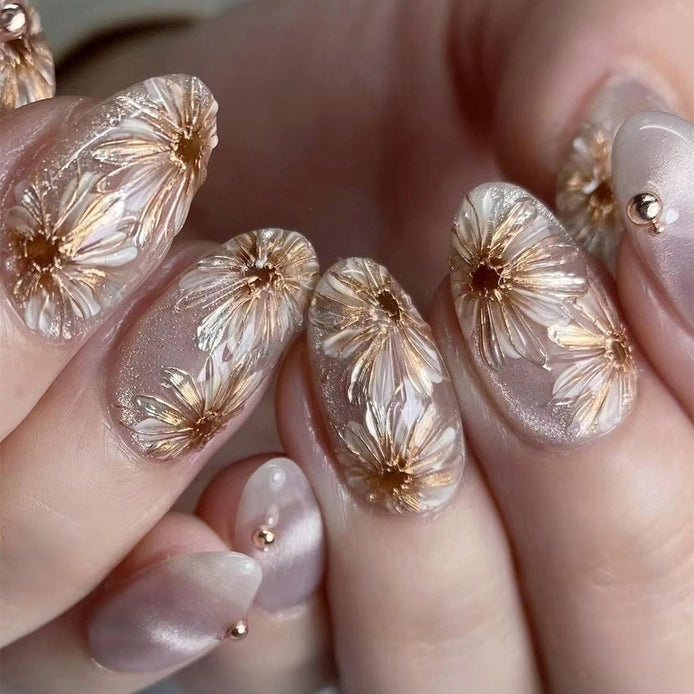Champagne Gold Daisy Floral Art Bead Press-On Nails