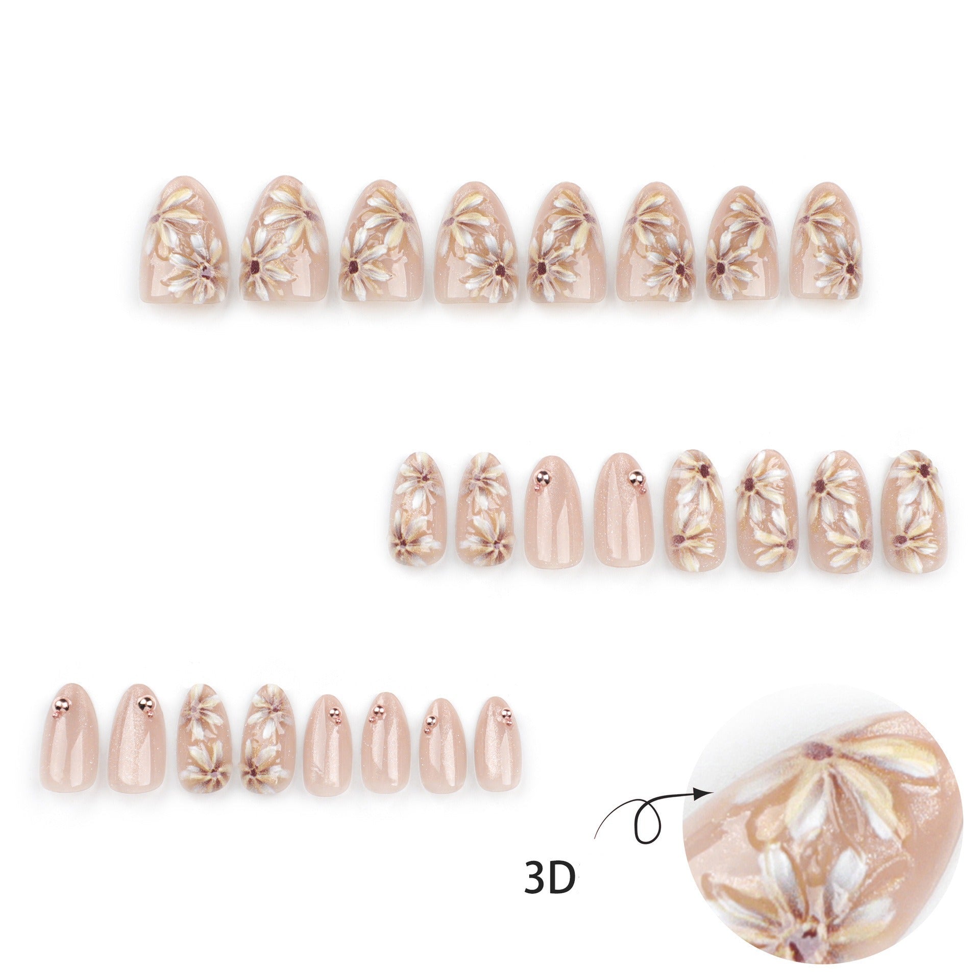 Champagne Gold Daisy Floral Art Bead Press-On Nails