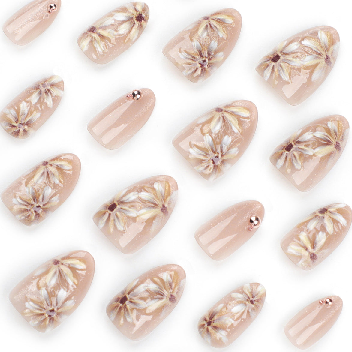 Champagne Gold Daisy Floral Art Bead Press-On Nails