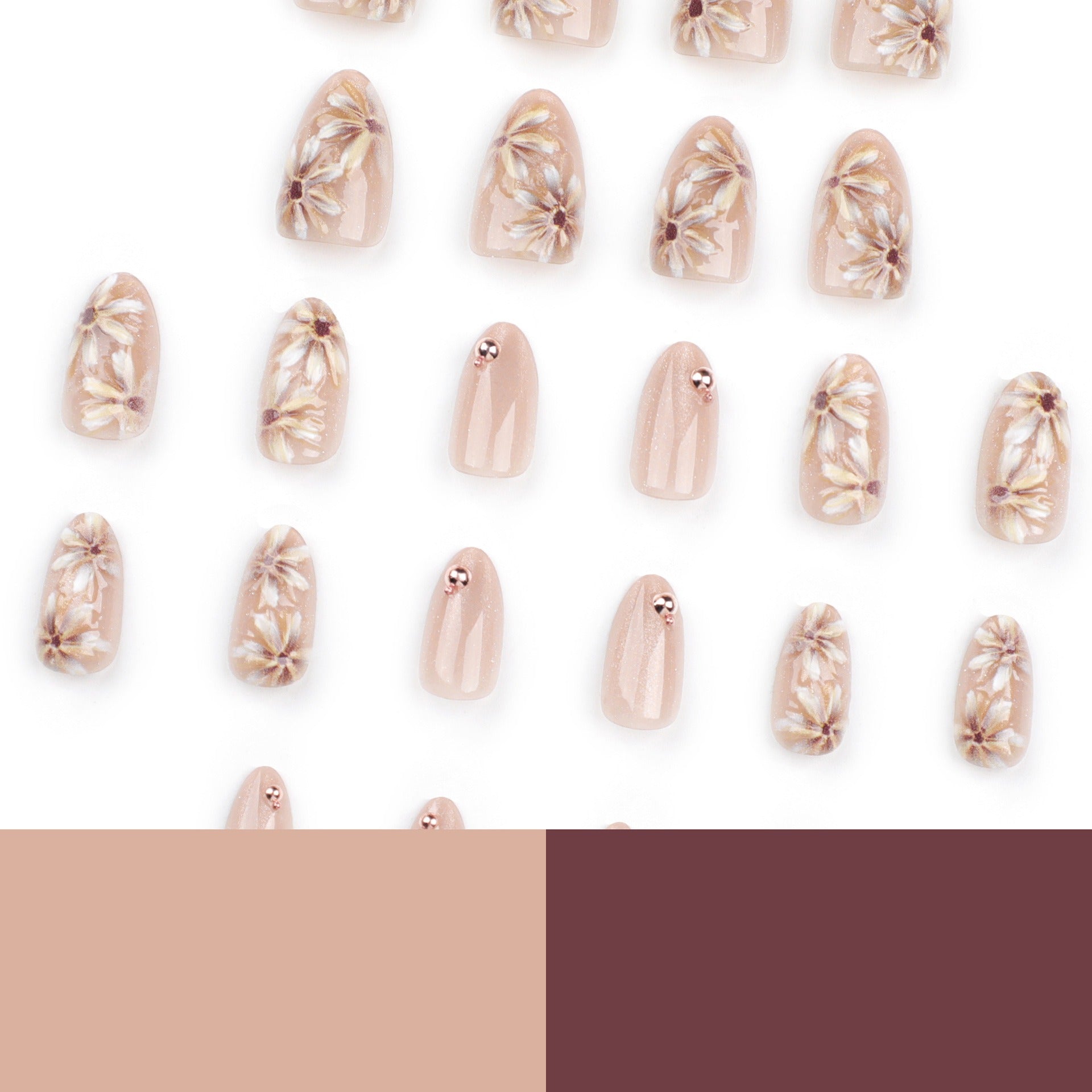 Champagne Gold Daisy Floral Art Bead Press-On Nails