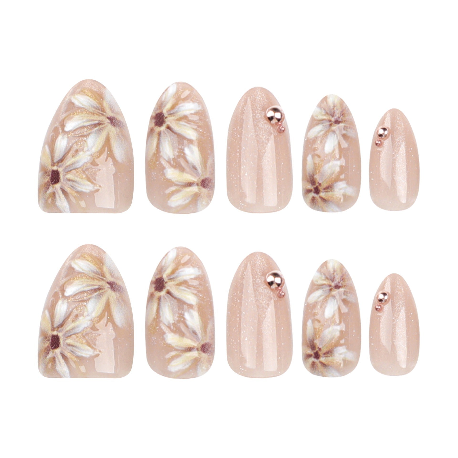 Champagne Gold Daisy Floral Art Bead Press-On Nails
