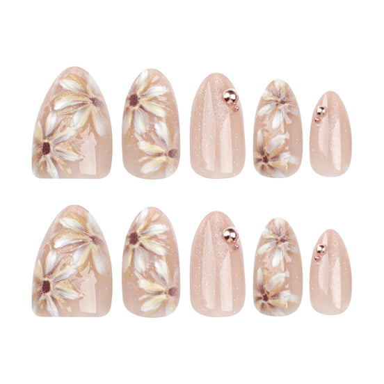 Champagne Gold Daisy Floral Art Bead Press-On Nails