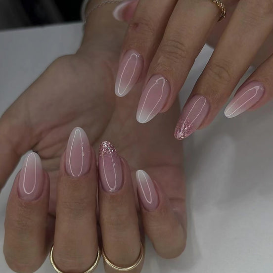 Nude Pink Ombre White Swirl Glitter Accent Press-On Nails