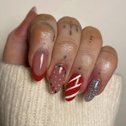 Christmas Mix Candy Cane Holly Berry Silver Glitter Press-On Nails