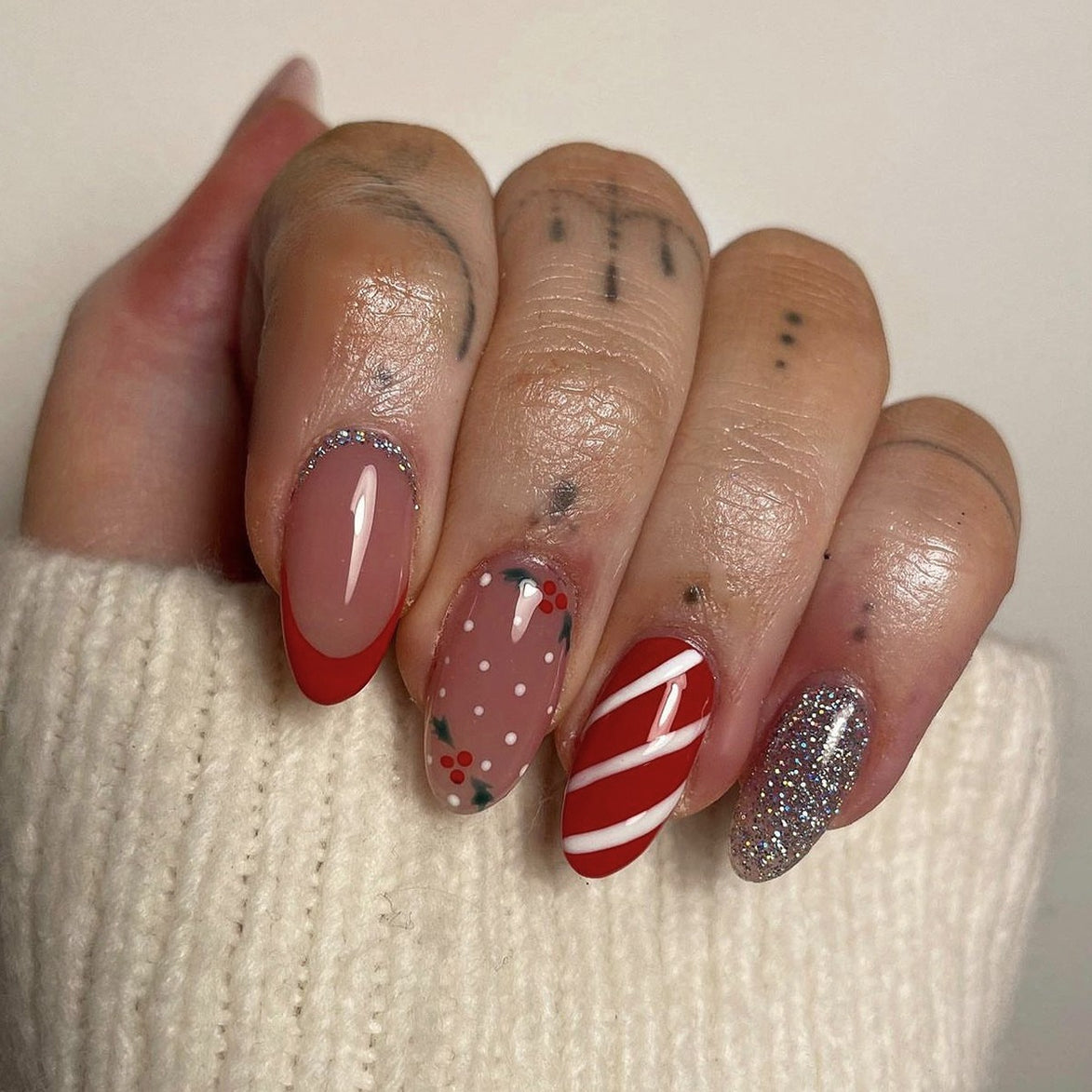 Christmas Mix Candy Cane Holly Berry Silver Glitter Press-On Nails