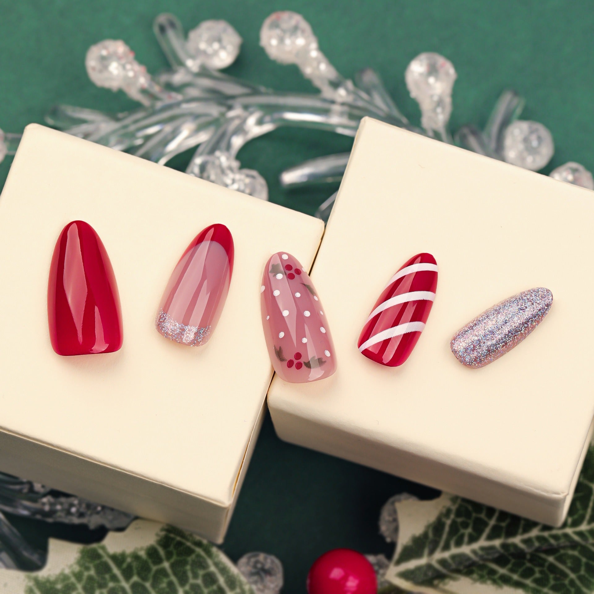 Christmas Mix Candy Cane Holly Berry Silver Glitter Press-On Nails