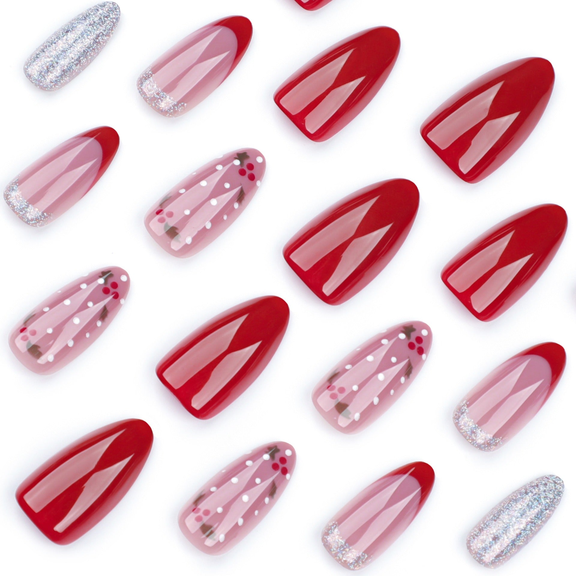 Christmas Mix Candy Cane Holly Berry Silver Glitter Press-On Nails