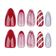 Christmas Mix Candy Cane Holly Berry Silver Glitter Press-On Nails