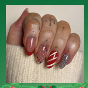 Christmas Mix Candy Cane Holly Berry Silver Glitter Press-On Nails