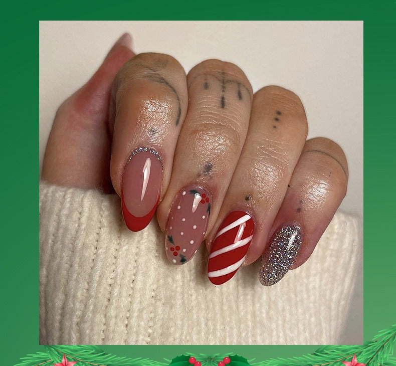 Christmas Mix Candy Cane Holly Berry Silver Glitter Press-On Nails
