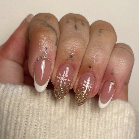 Blush Pink Snowflake Gold Glitter French Tip Press-On Nails