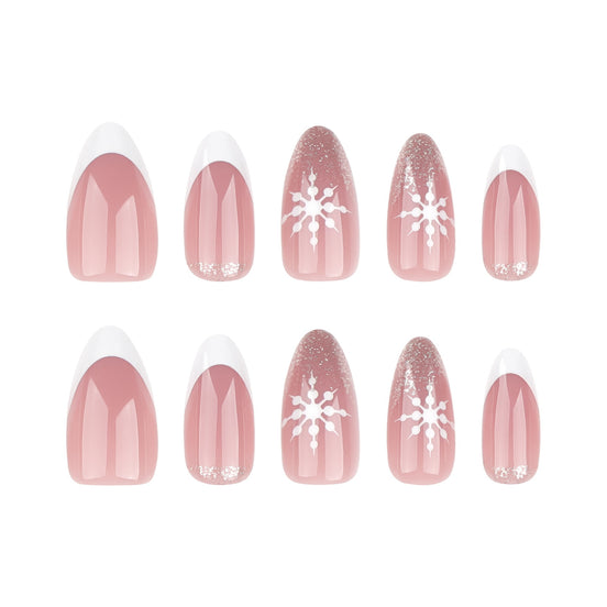 Blush Pink Snowflake Gold Glitter French Tip Press-On Nails