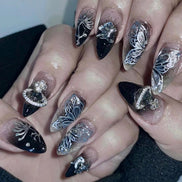 Nude Black Ombre Silver 3D Butterfly Crystal Art Press-On Nails