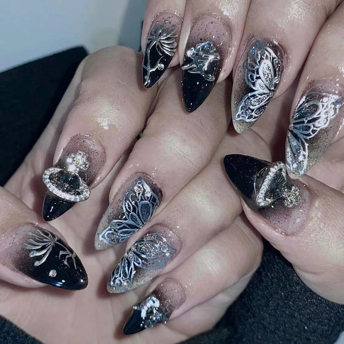 Nude Black Ombre Silver 3D Butterfly Crystal Art Press-On Nails