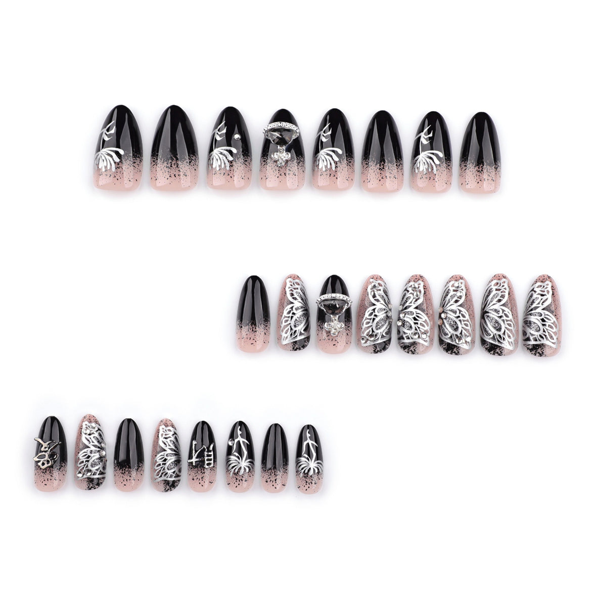 Nude Black Ombre Silver 3D Butterfly Crystal Art Press-On Nails