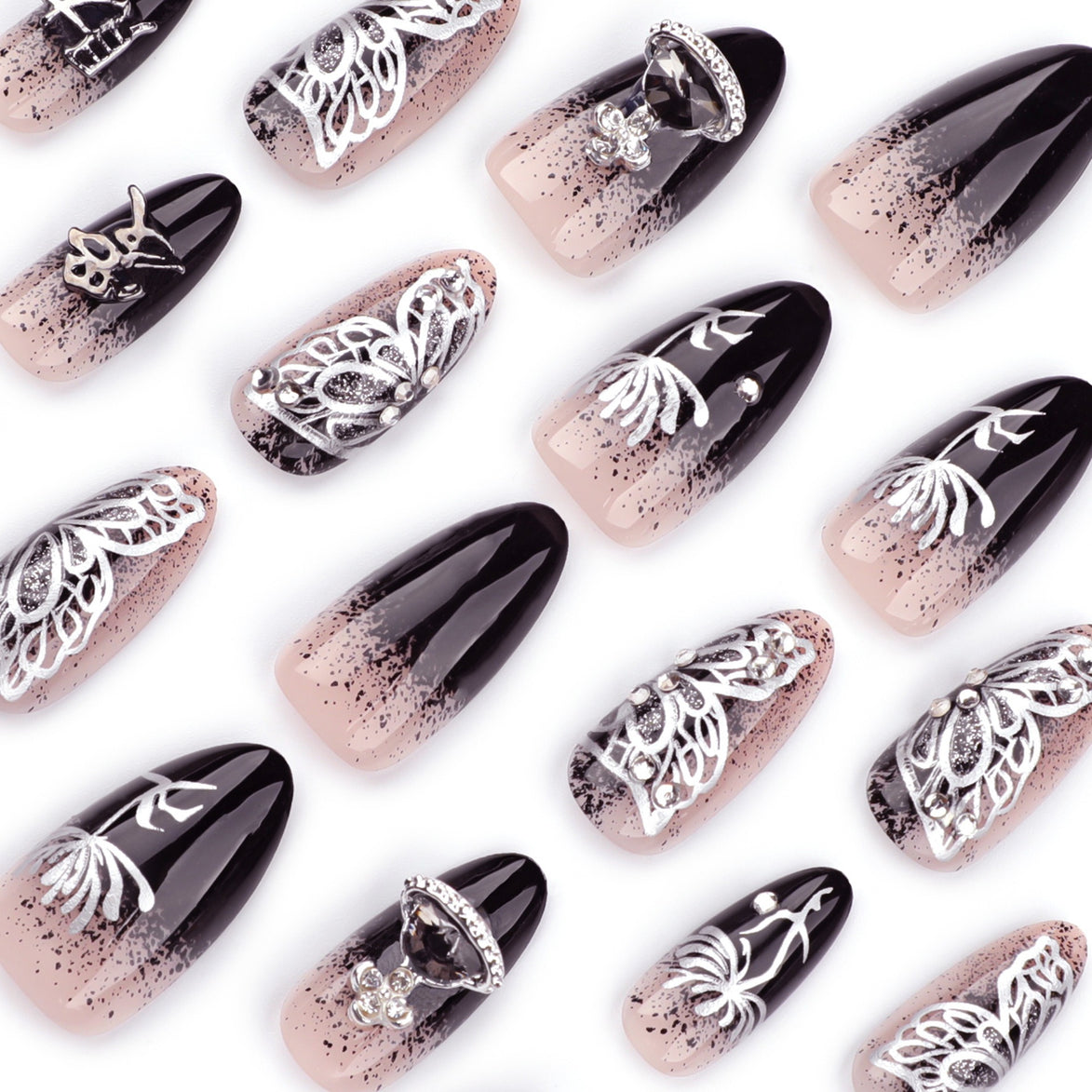 Nude Black Ombre Silver 3D Butterfly Crystal Art Press-On Nails