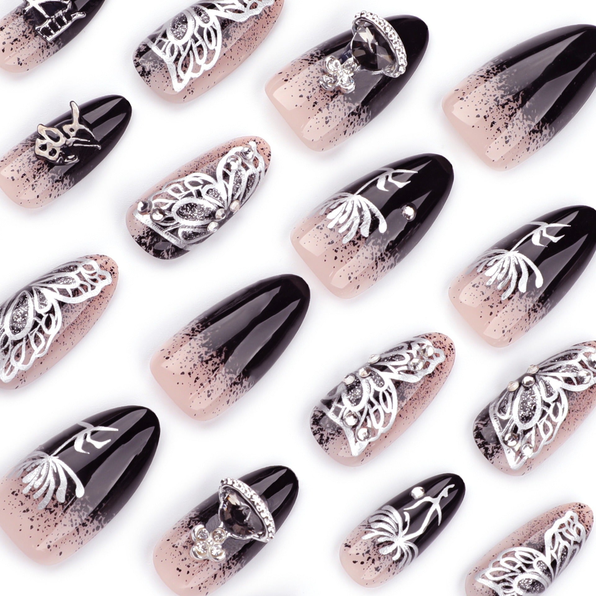 Nude Black Ombre Silver 3D Butterfly Crystal Art Press-On Nails