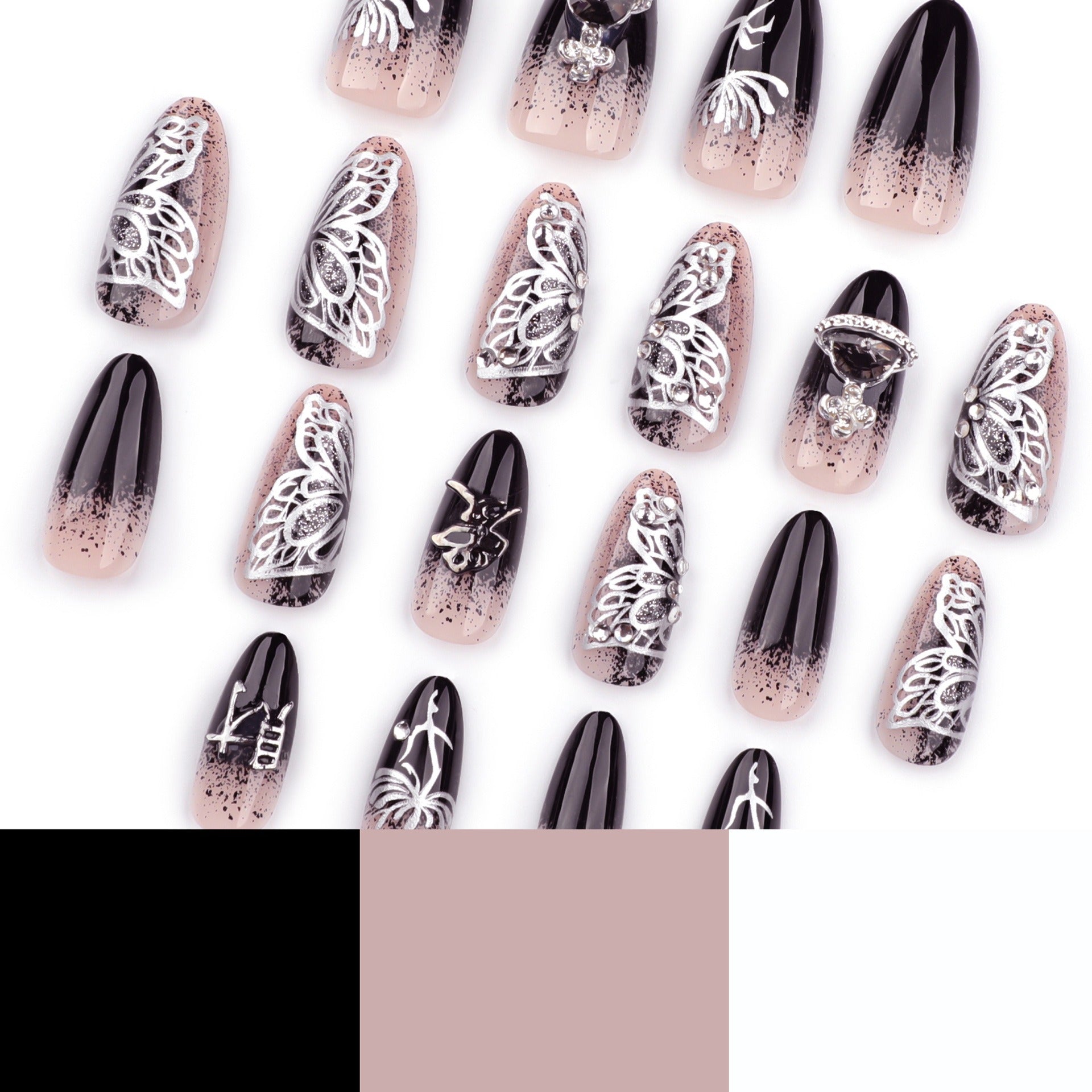Nude Black Ombre Silver 3D Butterfly Crystal Art Press-On Nails