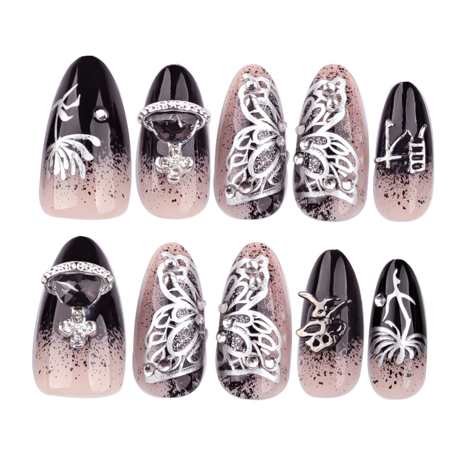Nude Black Ombre Silver 3D Butterfly Crystal Art Press-On Nails