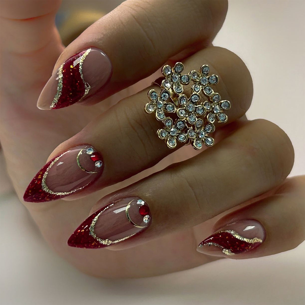 Sheer Nude Red Glitter Diagonal Curve Crystal Press-On Nails