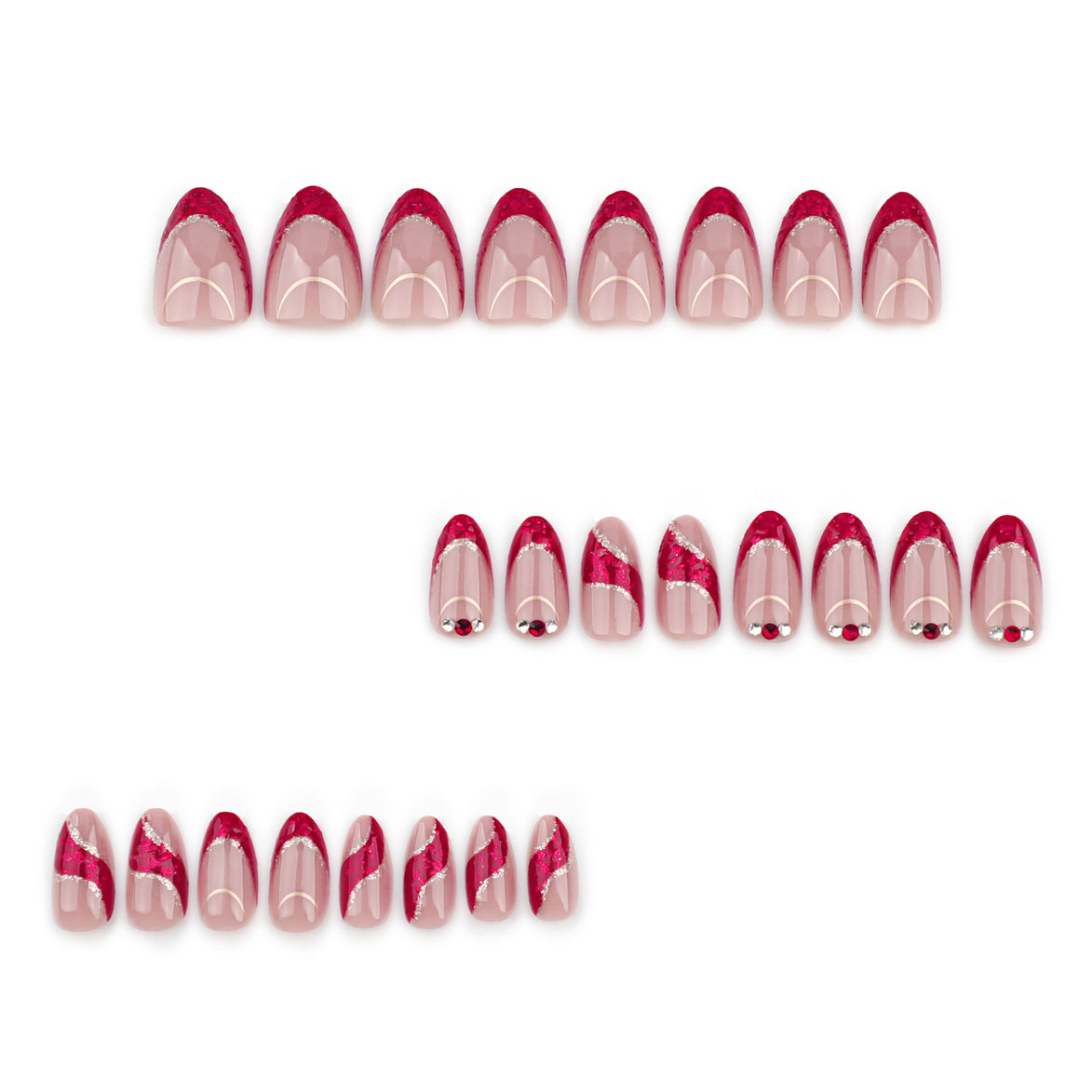Sheer Nude Red Glitter Diagonal Curve Crystal Press-On Nails