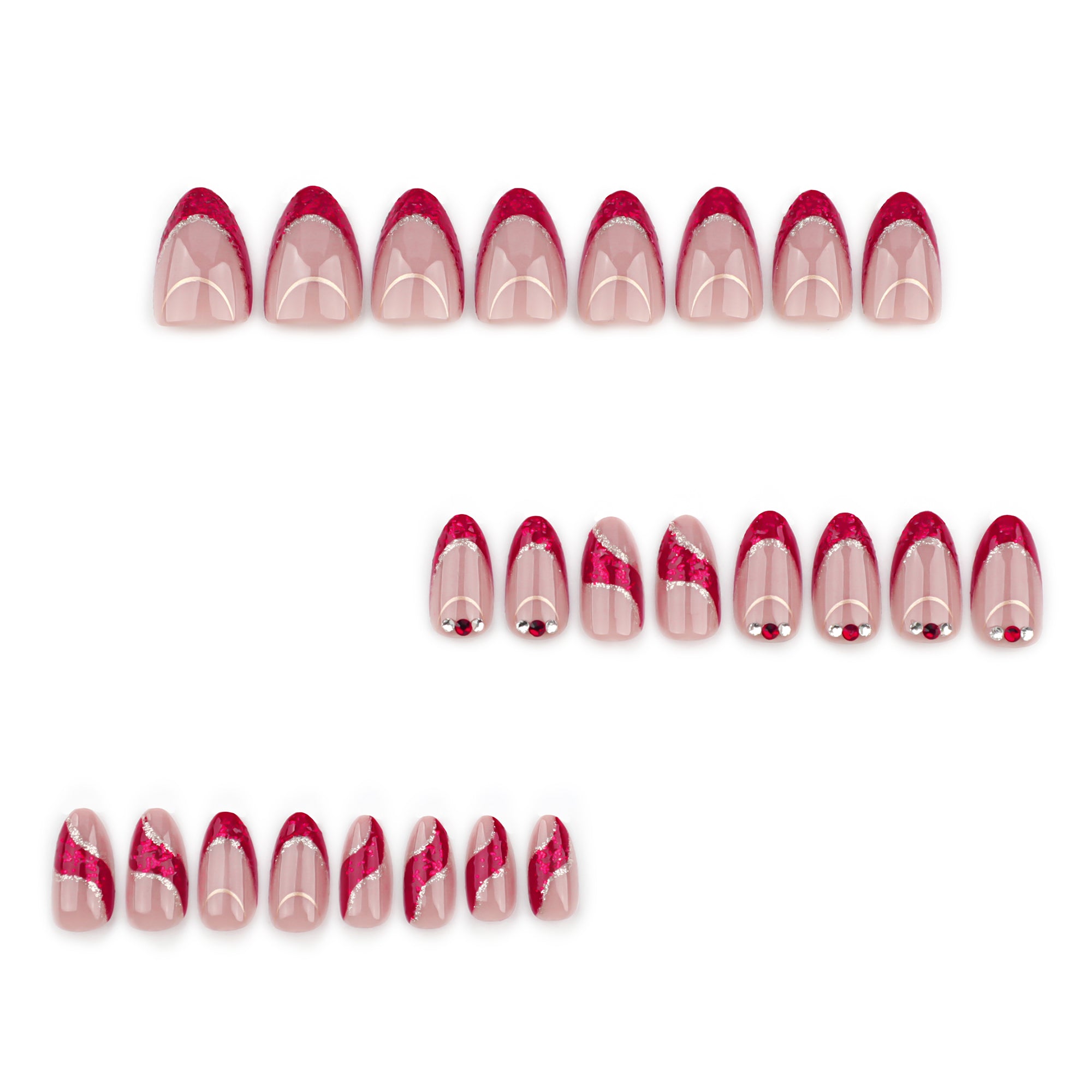 Sheer Nude Red Glitter Diagonal Curve Crystal Press-On Nails