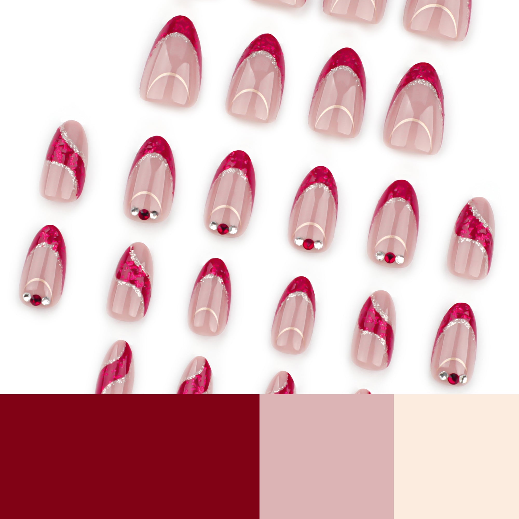 Sheer Nude Red Glitter Diagonal Curve Crystal Press-On Nails
