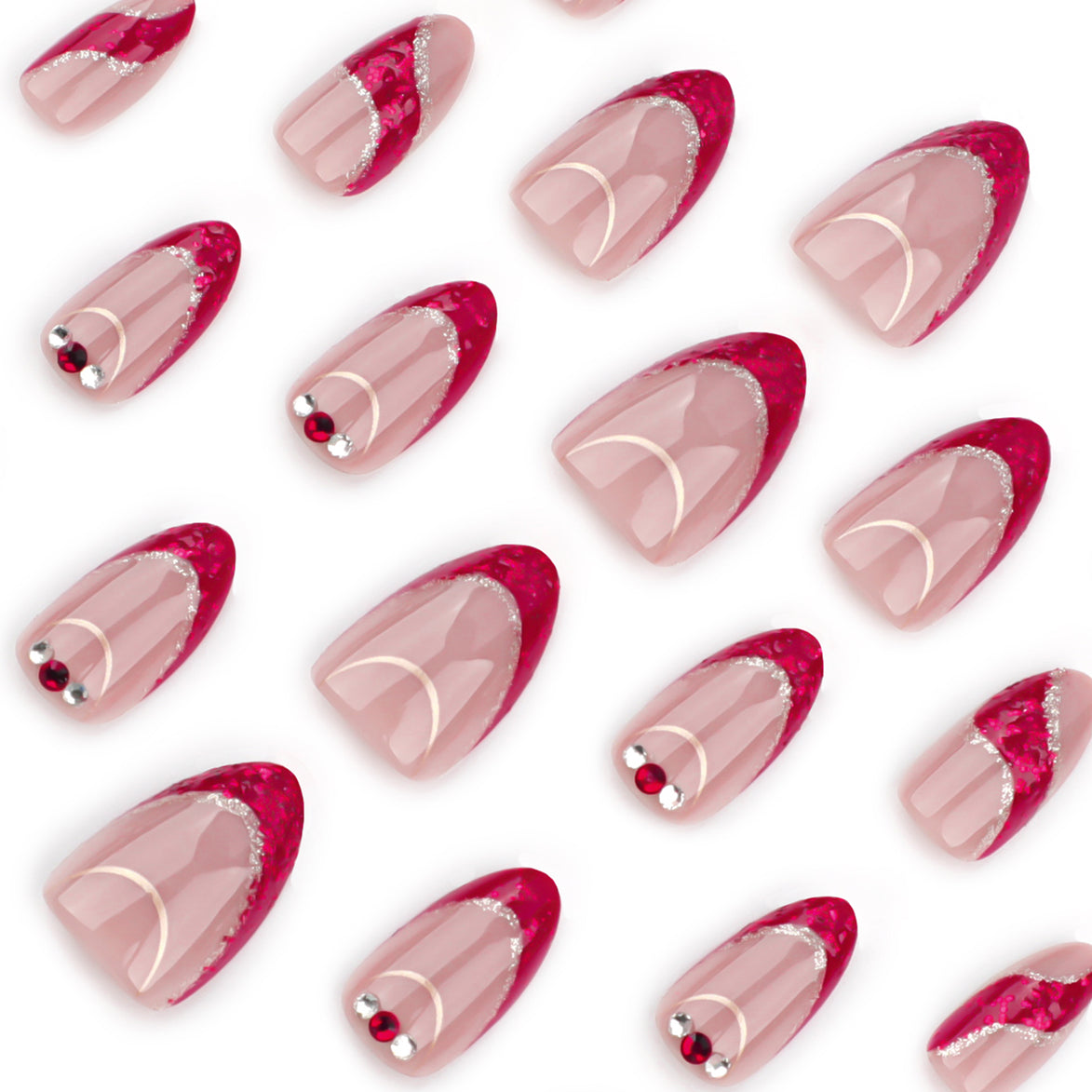 Sheer Nude Red Glitter Diagonal Curve Crystal Press-On Nails