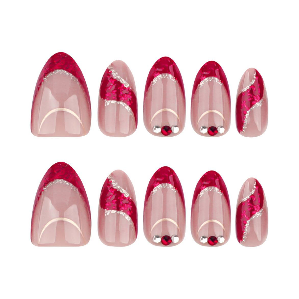 Sheer Nude Red Glitter Diagonal Curve Crystal Press-On Nails