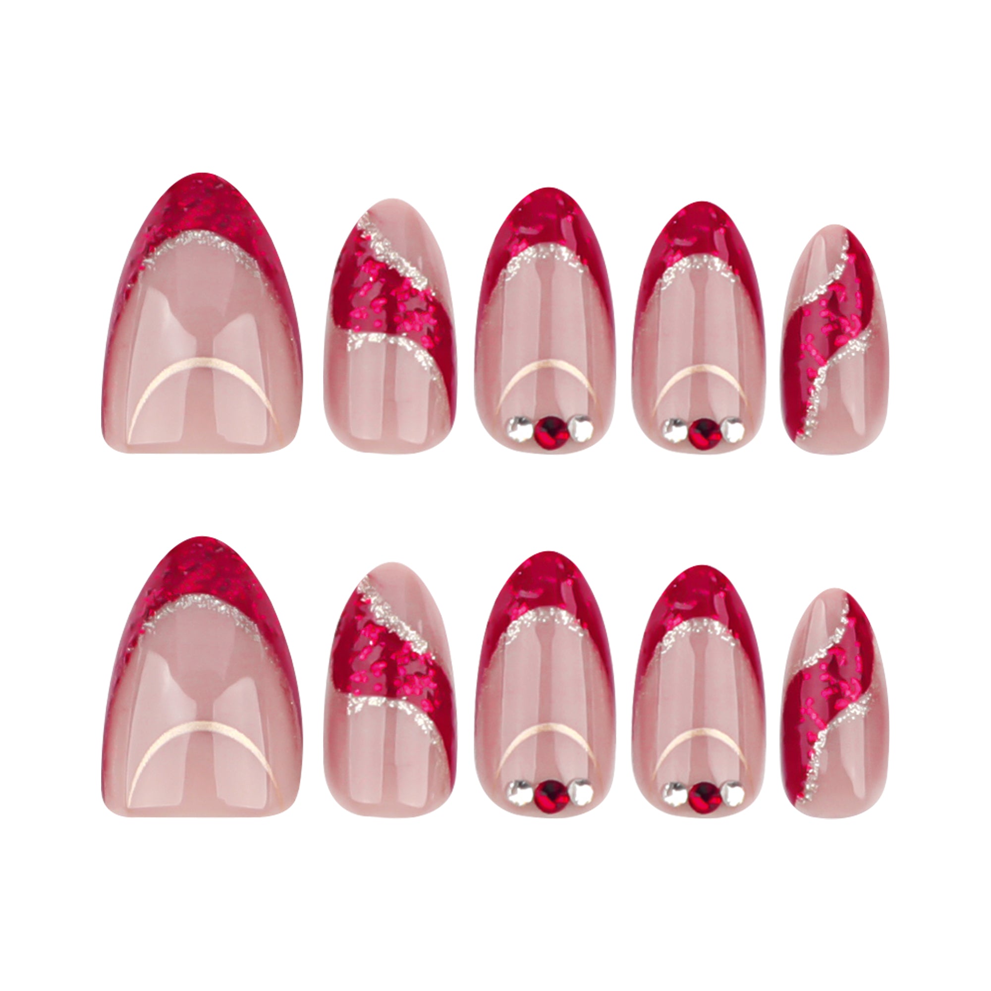 Sheer Nude Red Glitter Diagonal Curve Crystal Press-On Nails