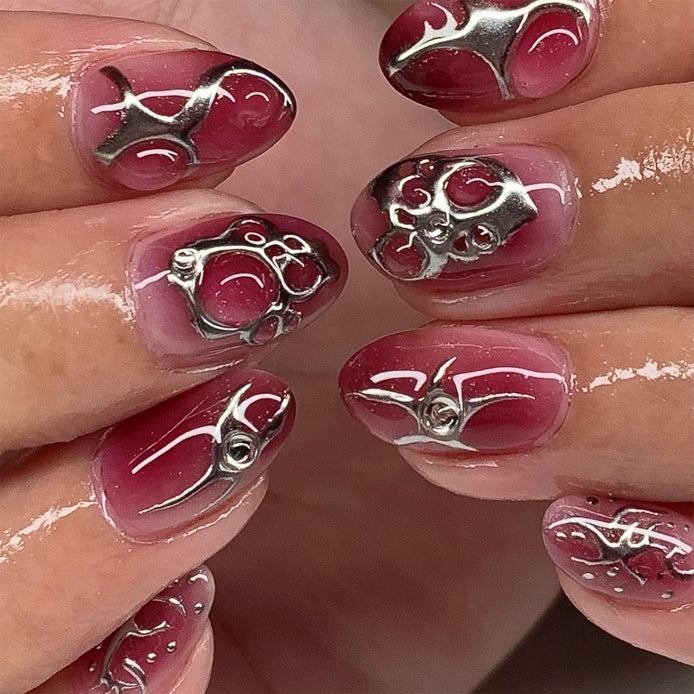 Hot Pink Silver Chrome Abstract Art Crystal Press-On Nails