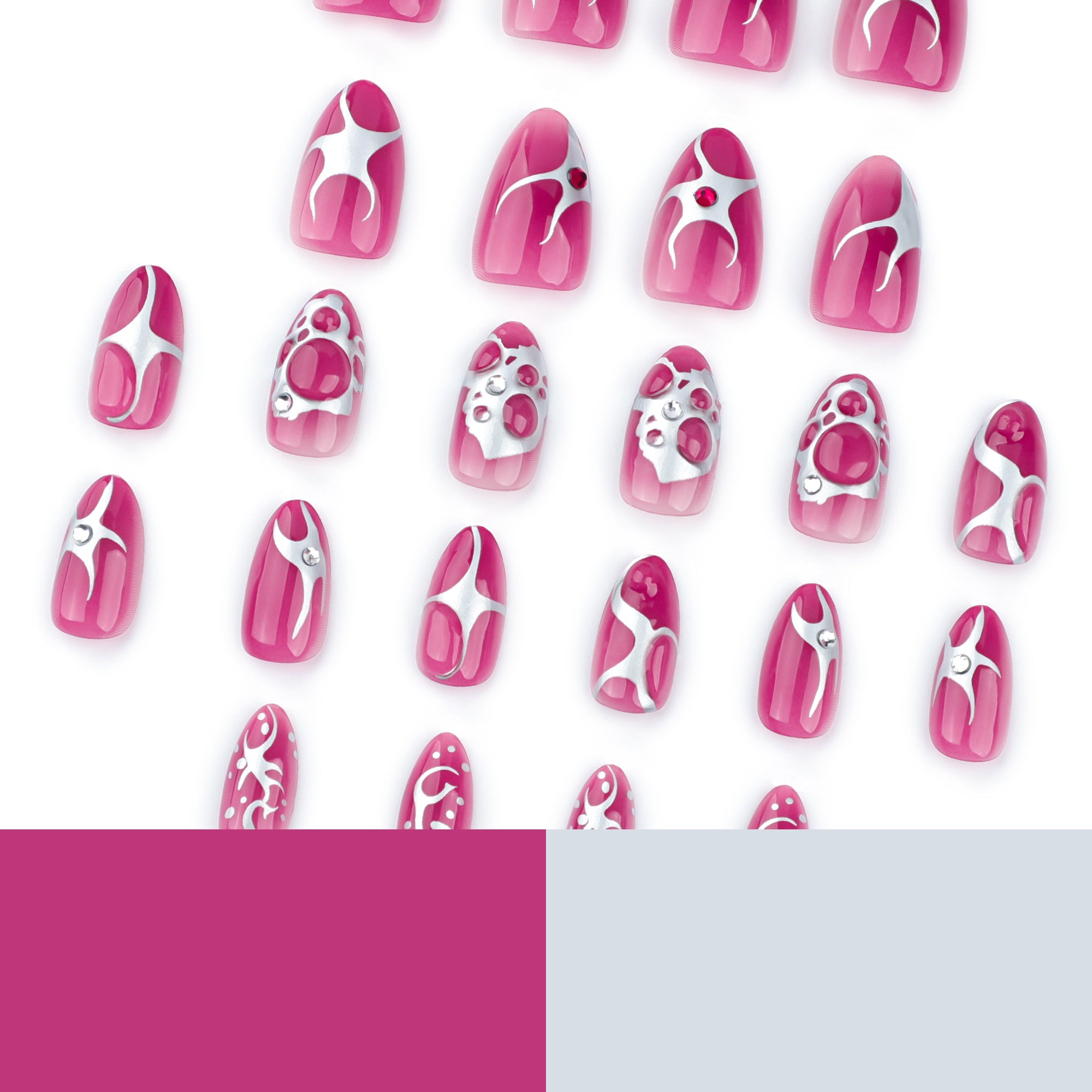 Hot Pink Silver Chrome Abstract Art Crystal Press-On Nails
