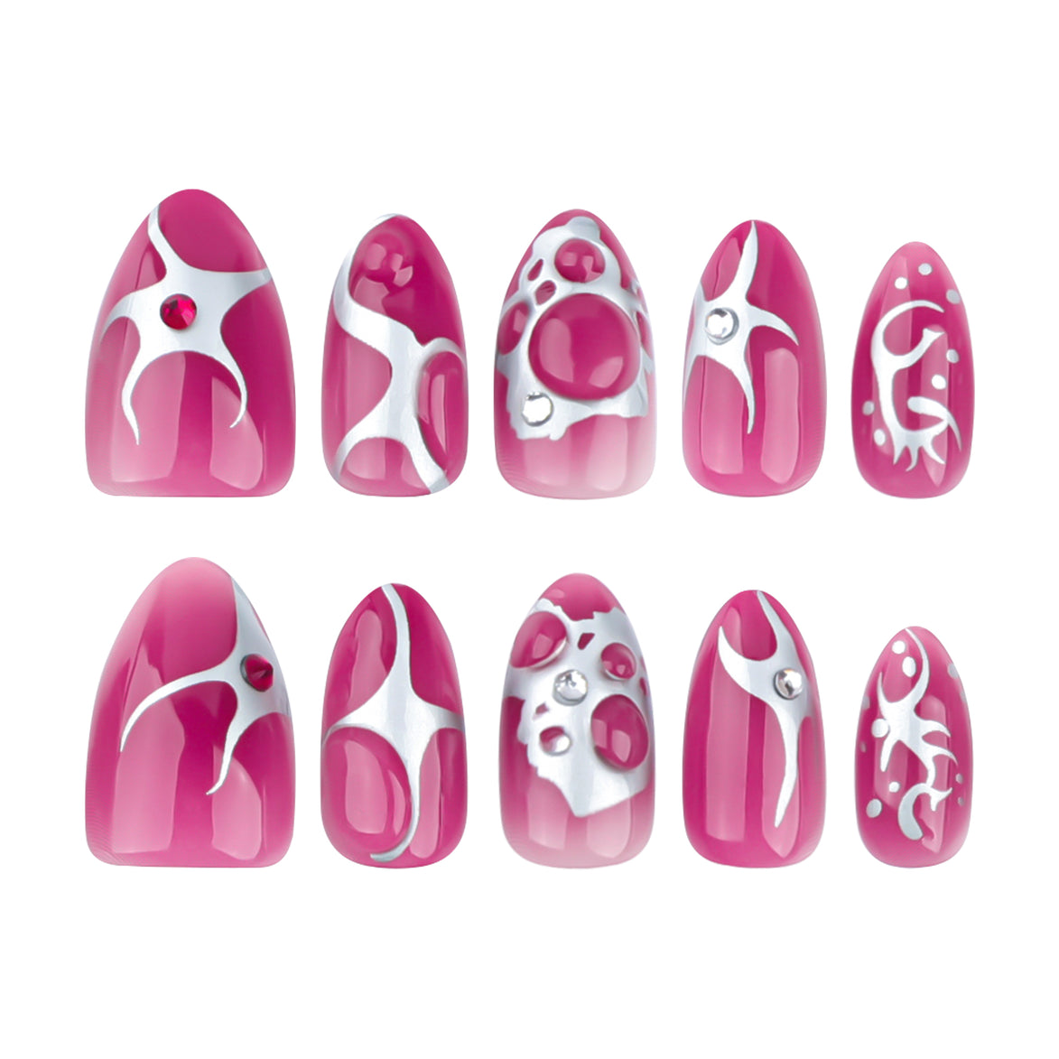 Hot Pink Silver Chrome Abstract Art Crystal Press-On Nails
