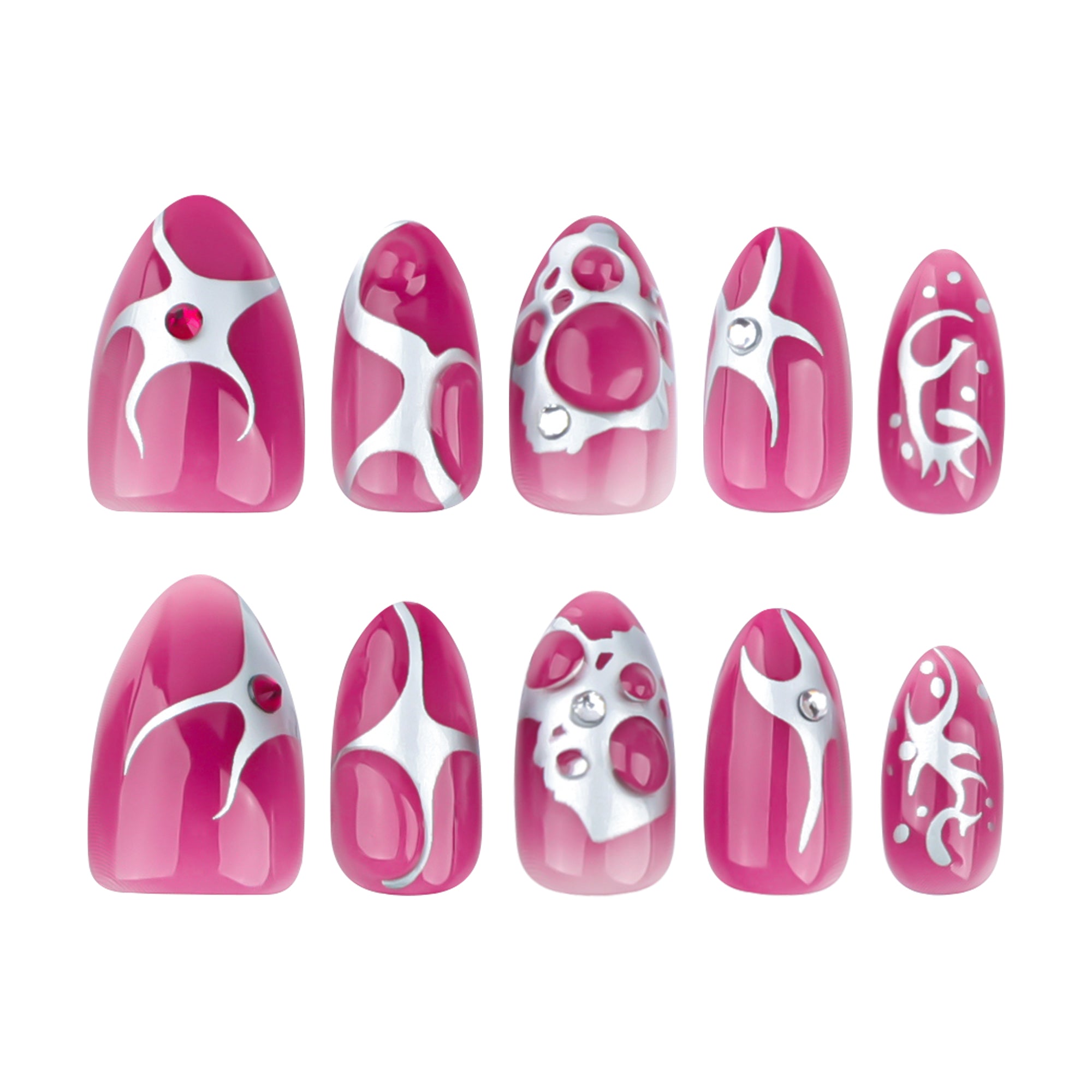 Hot Pink Silver Chrome Abstract Art Crystal Press-On Nails