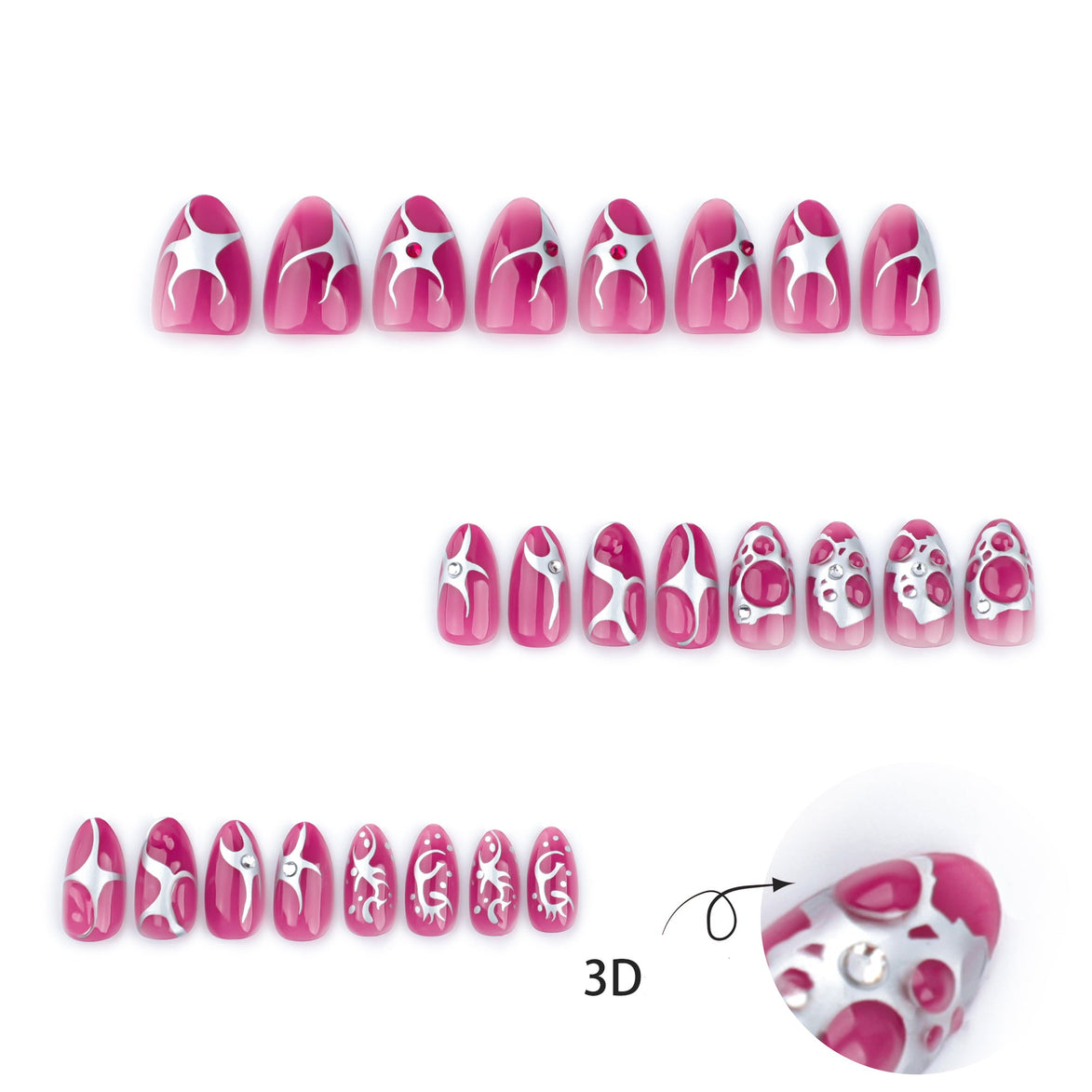 Hot Pink Silver Chrome Abstract Art Crystal Press-On Nails