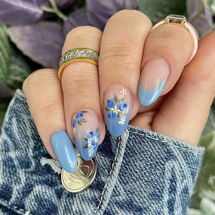 Sky Blue French Tip Floral Press-On Nails