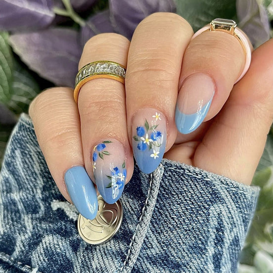 Sky Blue French Tip Floral Press-On Nails