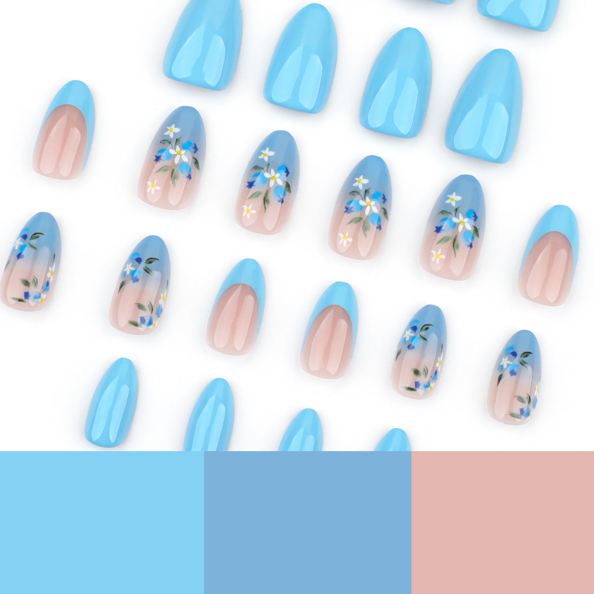 Sky Blue French Tip Floral Press-On Nails